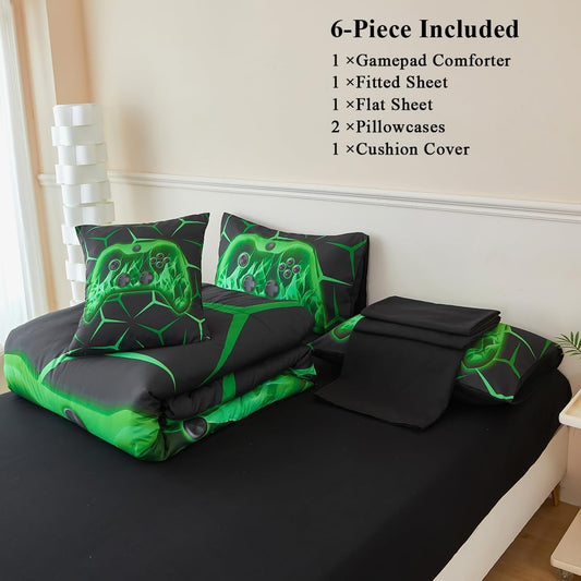 6 Pieces Boys Bedding Set Full Size Black and Green Game Console Comforter Sets for Kids 3D Gamepad Bed in A Bag Sets Microfiber Games Bed Set for Teens Boys Girls(Green, Full)