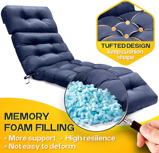 MAGIC ELEPHANT Chaise Lounge Cushion Outdoor, Memory Foam Patio Lounge Chair Cushion with Ties for Indoor Outdoor Furniture, Replacement Long Chair Cushion (Blue)